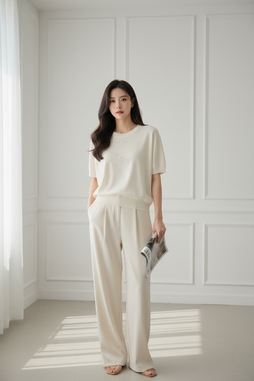 Pearl Bead Embroidered Knit Top - Cream model photo