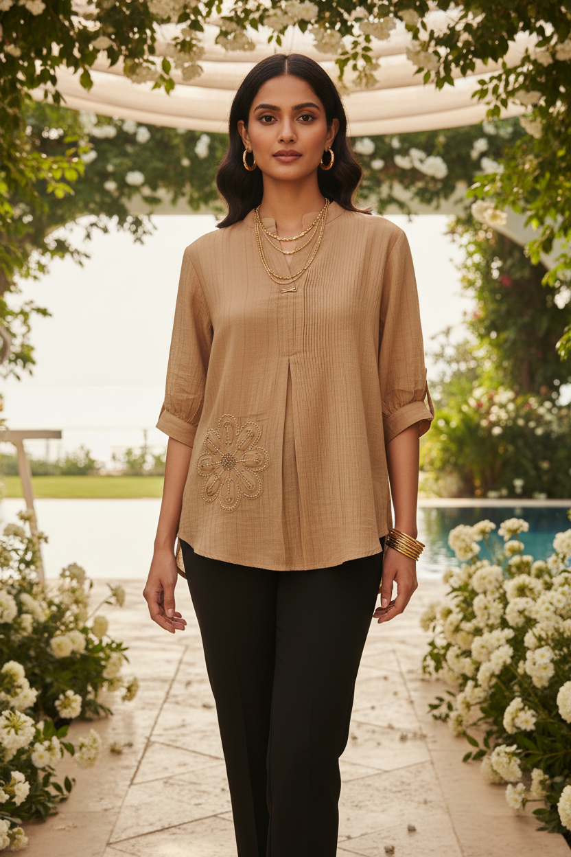 Indian model wearing tan camel mandarin collar beaded top