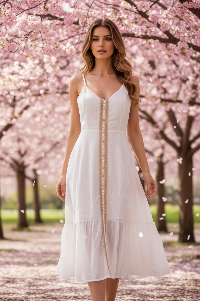Gold Lace Trim Midi Dress - White model cherry blossom