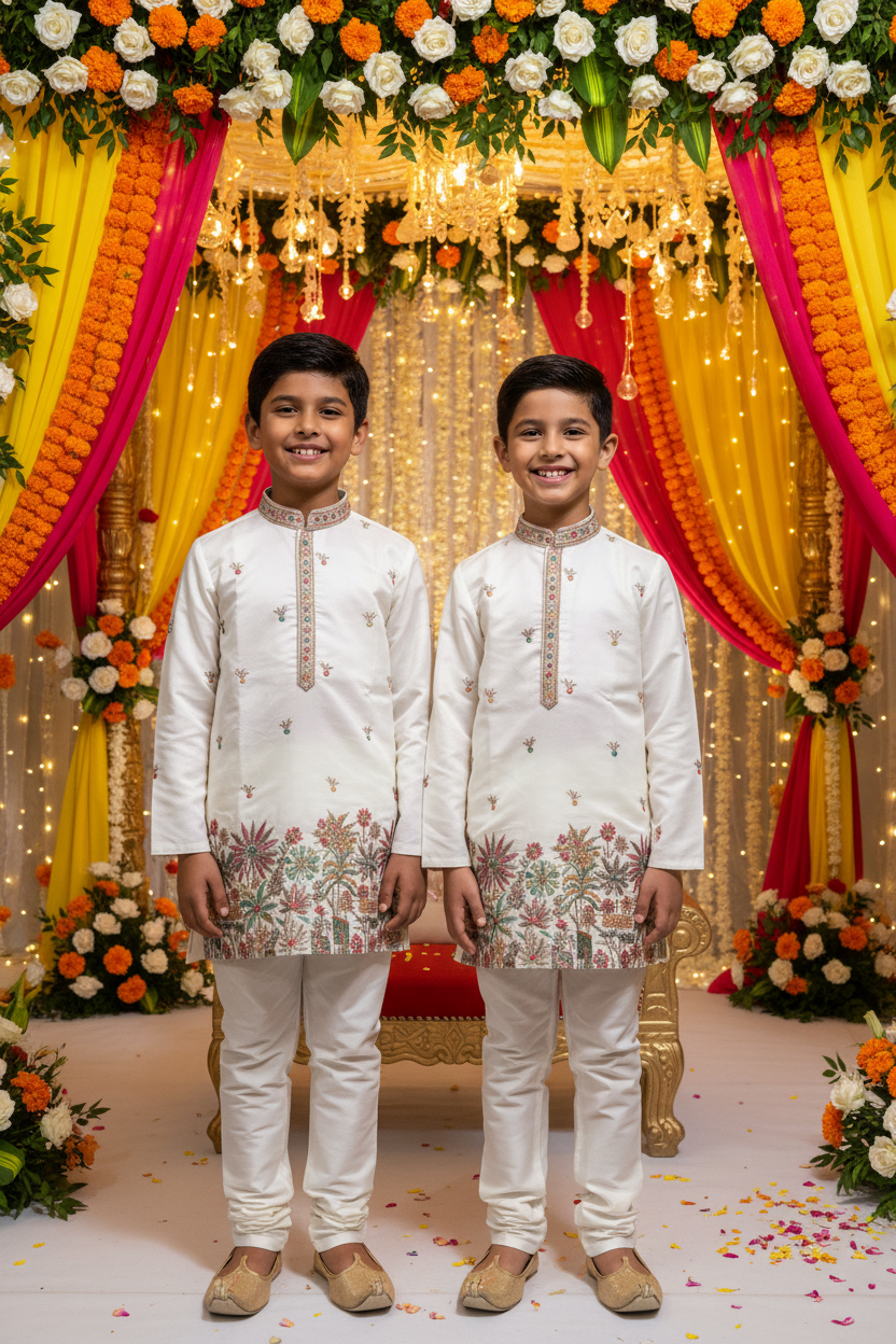 Boys White Tropical Embroidery Kurta Set – Indian and Kiwi boys together wedding mandap background