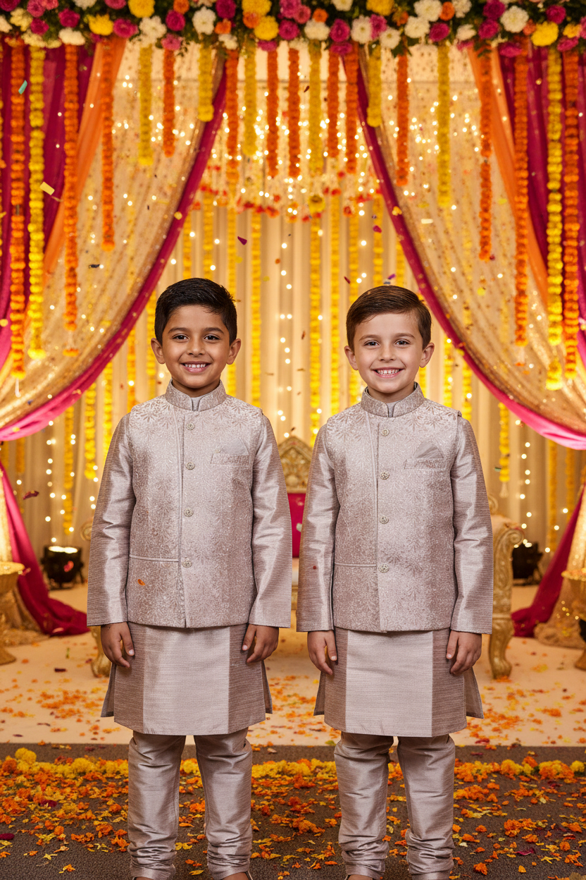 Boys Brocade Sherwani Set – Indian and Kiwi boys together wedding background