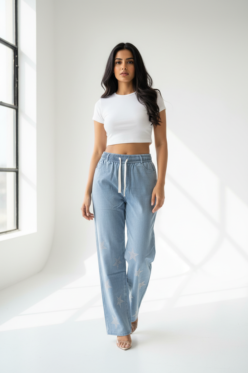 Indian model wearing star rhinestone jeans front view
