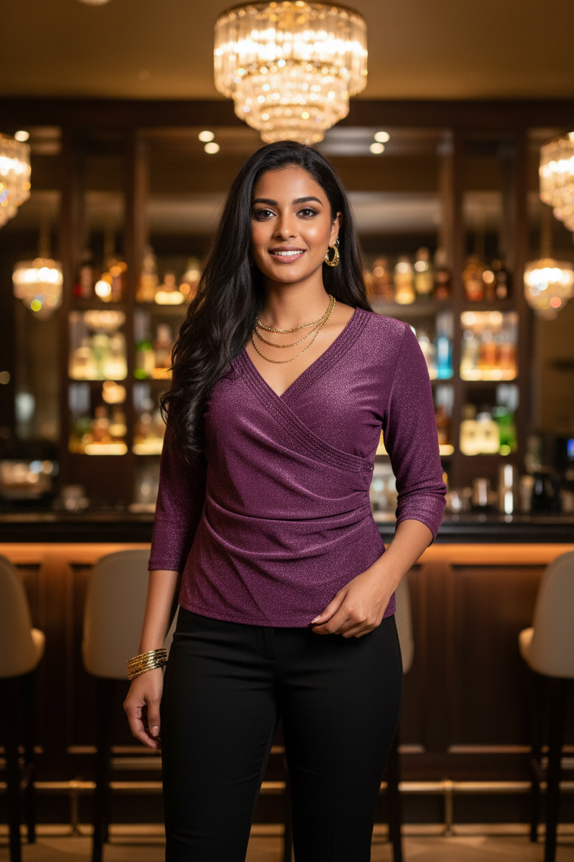 Indian model wearing Shimmer Wrap Blouse in Purple – Size M