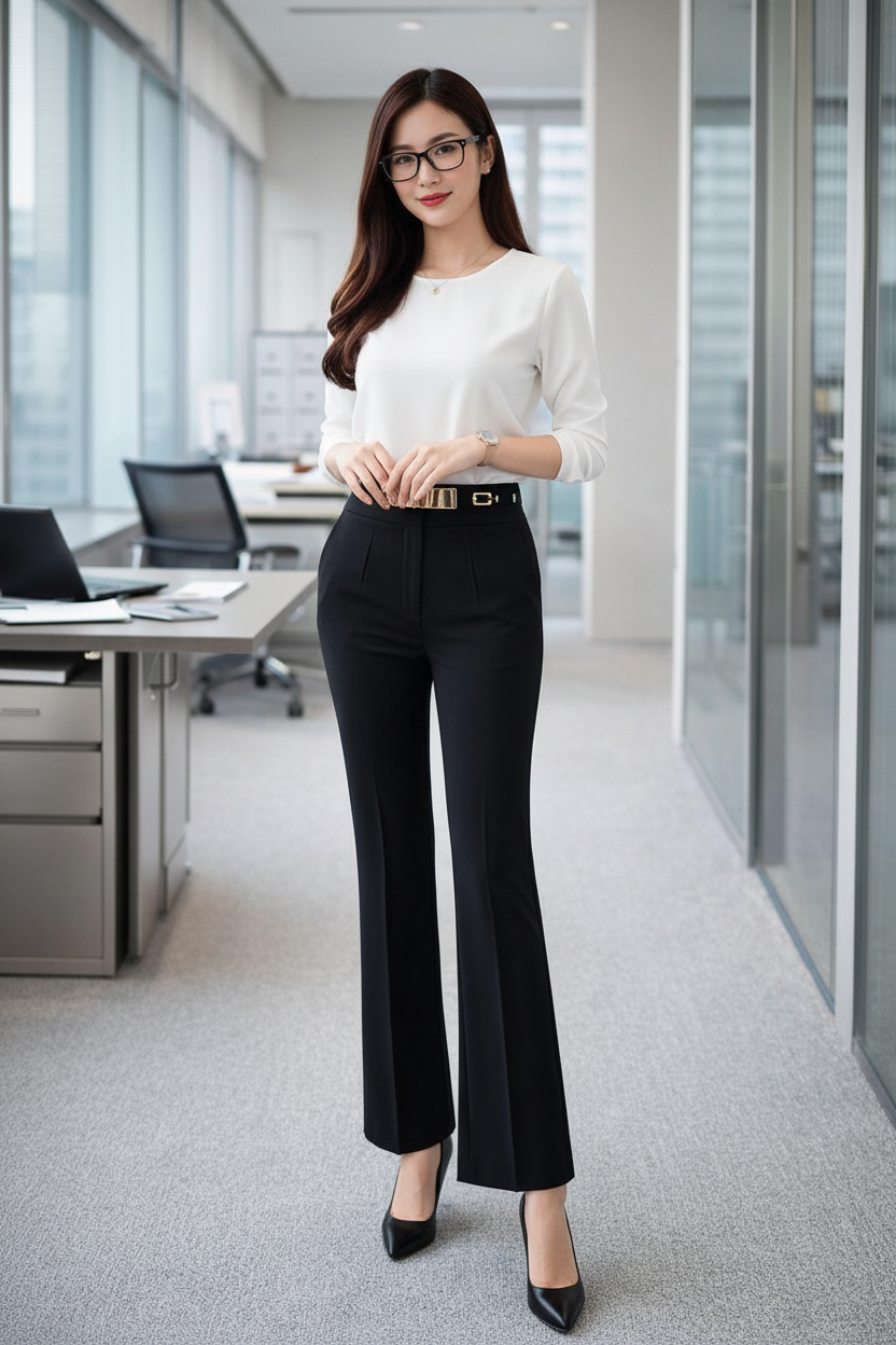 Female model wearing black flare trousers with white blouse – modern office background