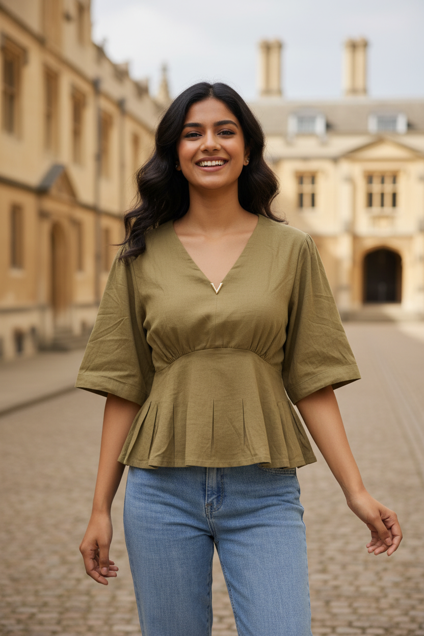 Indian model wearing olive khaki peplum batwing top