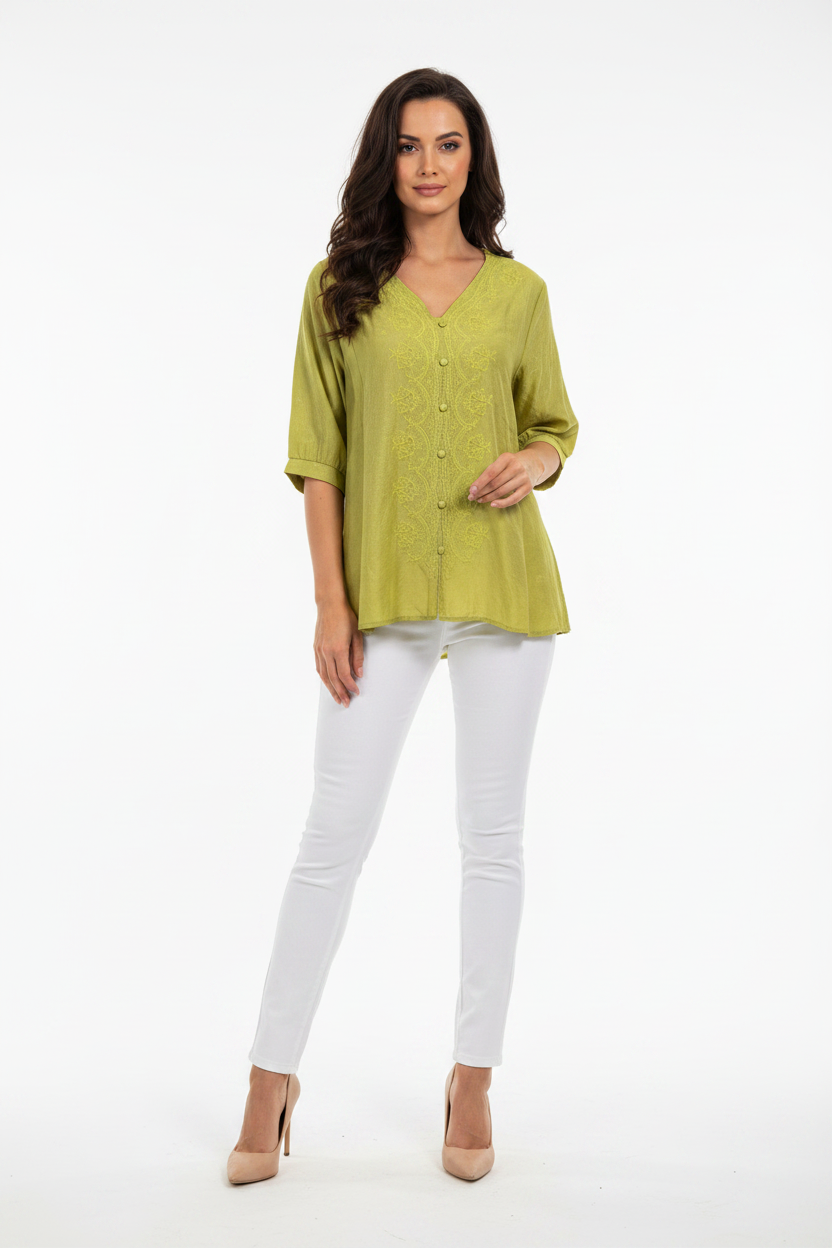 Lace Embroidered Shimmer Blouse - Lime Yellow on model