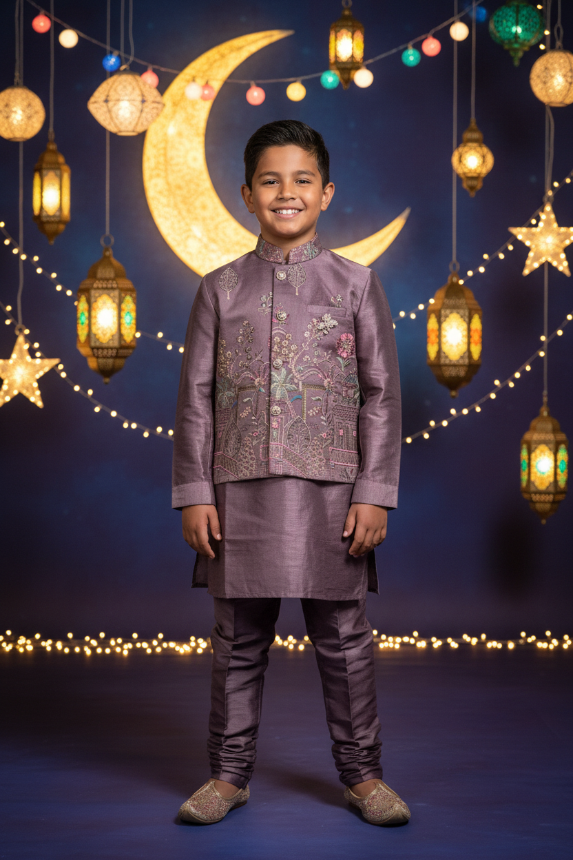 Boys Mauve Sherwani Set – Kiwi boy model Eid festival background