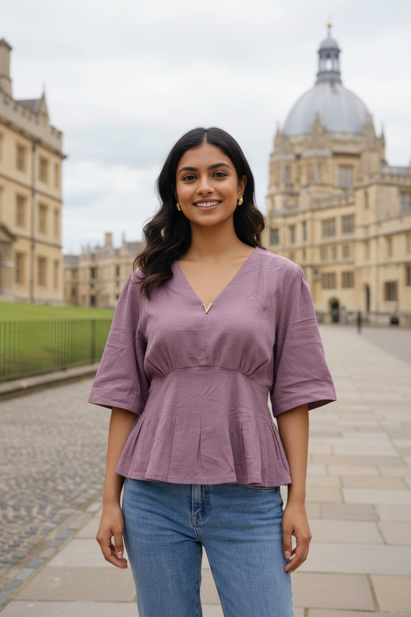 Indian model wearing mauve purple peplum batwing top