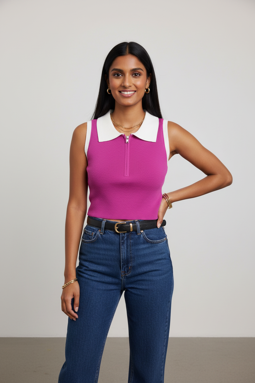 Model wearing Zip Polo Knit Crop Top in Hot Pink – Size M