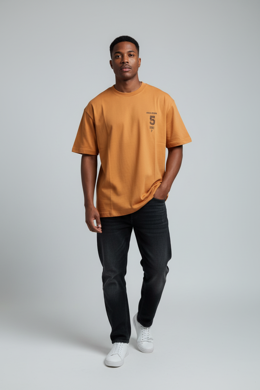 555 Graphic Tee – Caramel model front view
