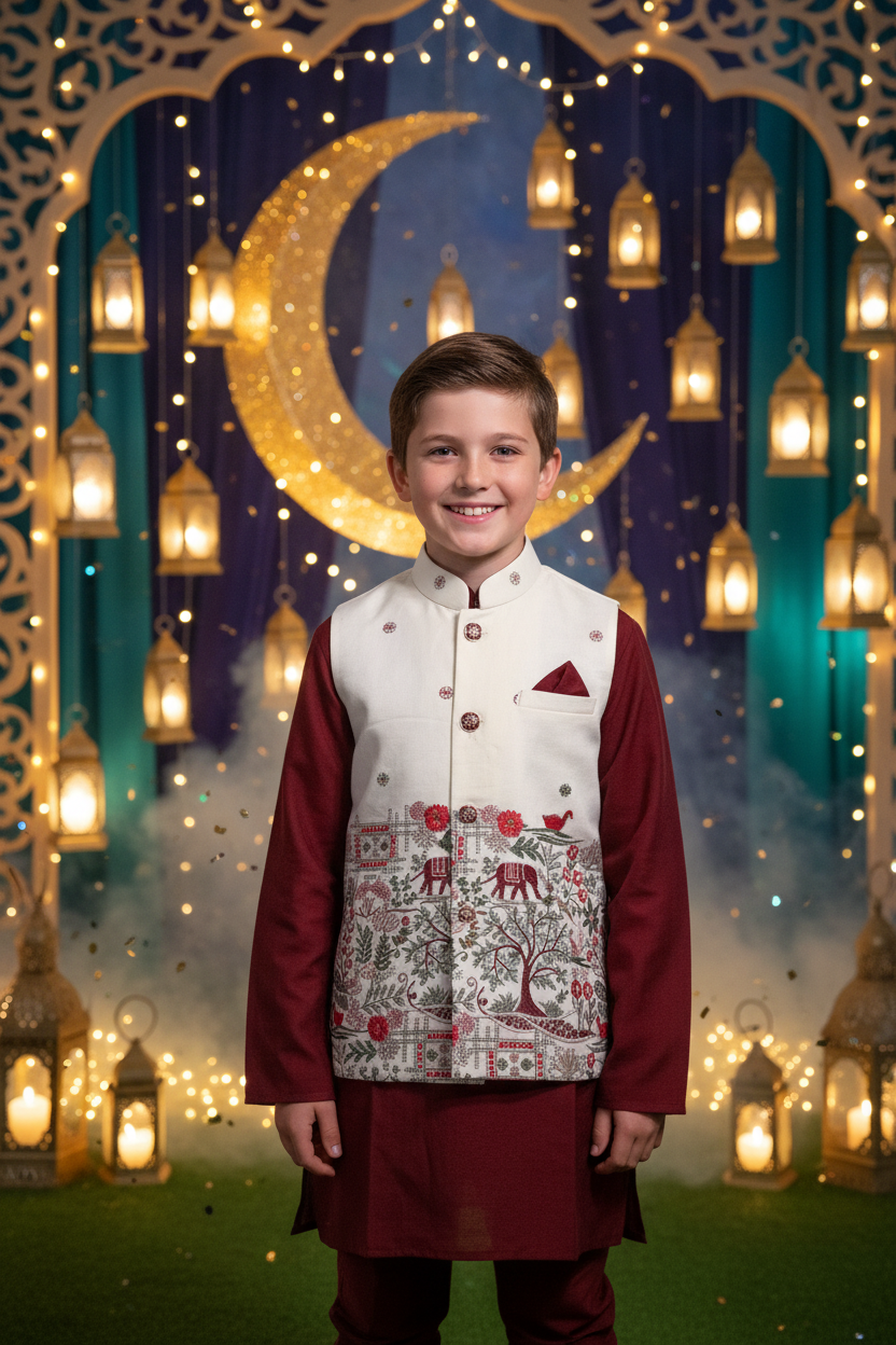 Boys Maroon Kurta Koti Set – Kiwi boy model Eid festival background