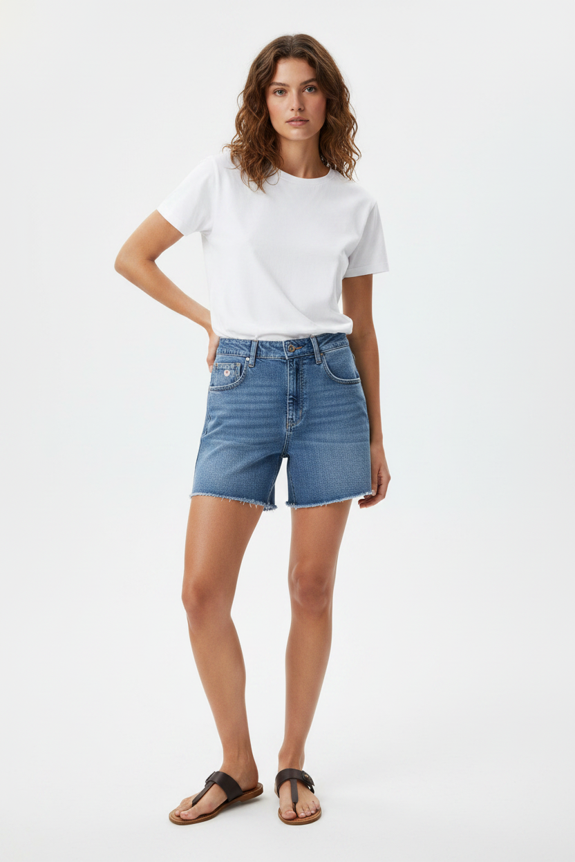 Female model wearing light blue high-waist denim shorts with white top – front view