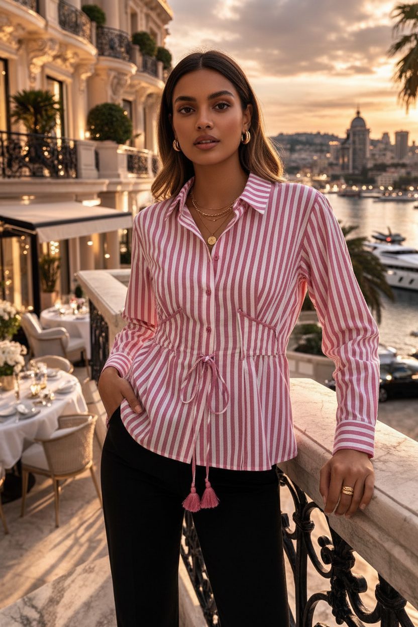 Indian model wearing pink and white striped tie-waist shirt