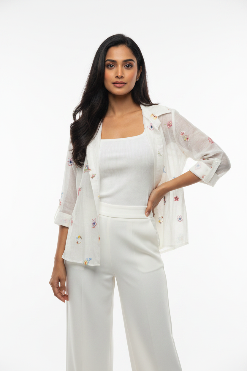 Indian model wearing embroidered floral jacket over white cami top - full set