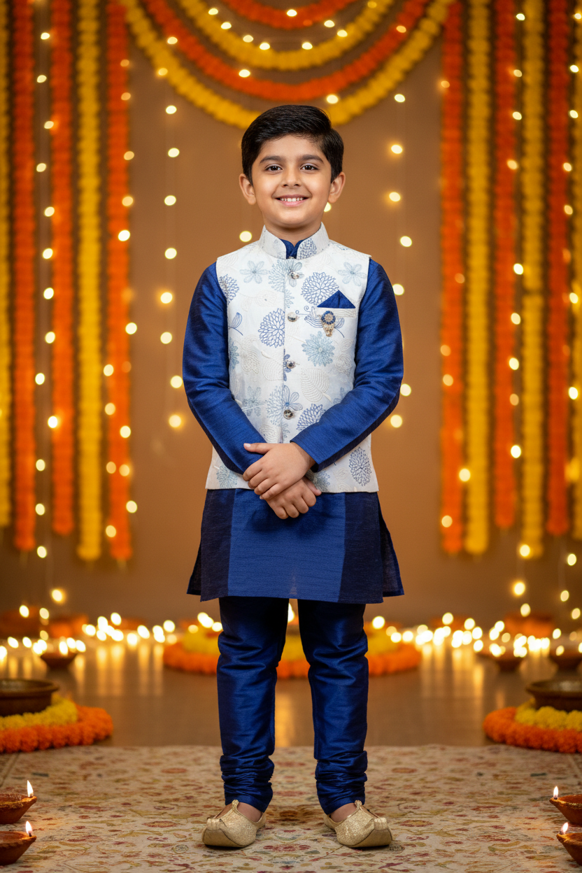 Boys Royal Blue Kurta Koti Set – Indian boy model with jutti Diwali festival background