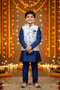 Boys Royal Blue Kurta Koti Set – Indian boy model with jutti Diwali festival background