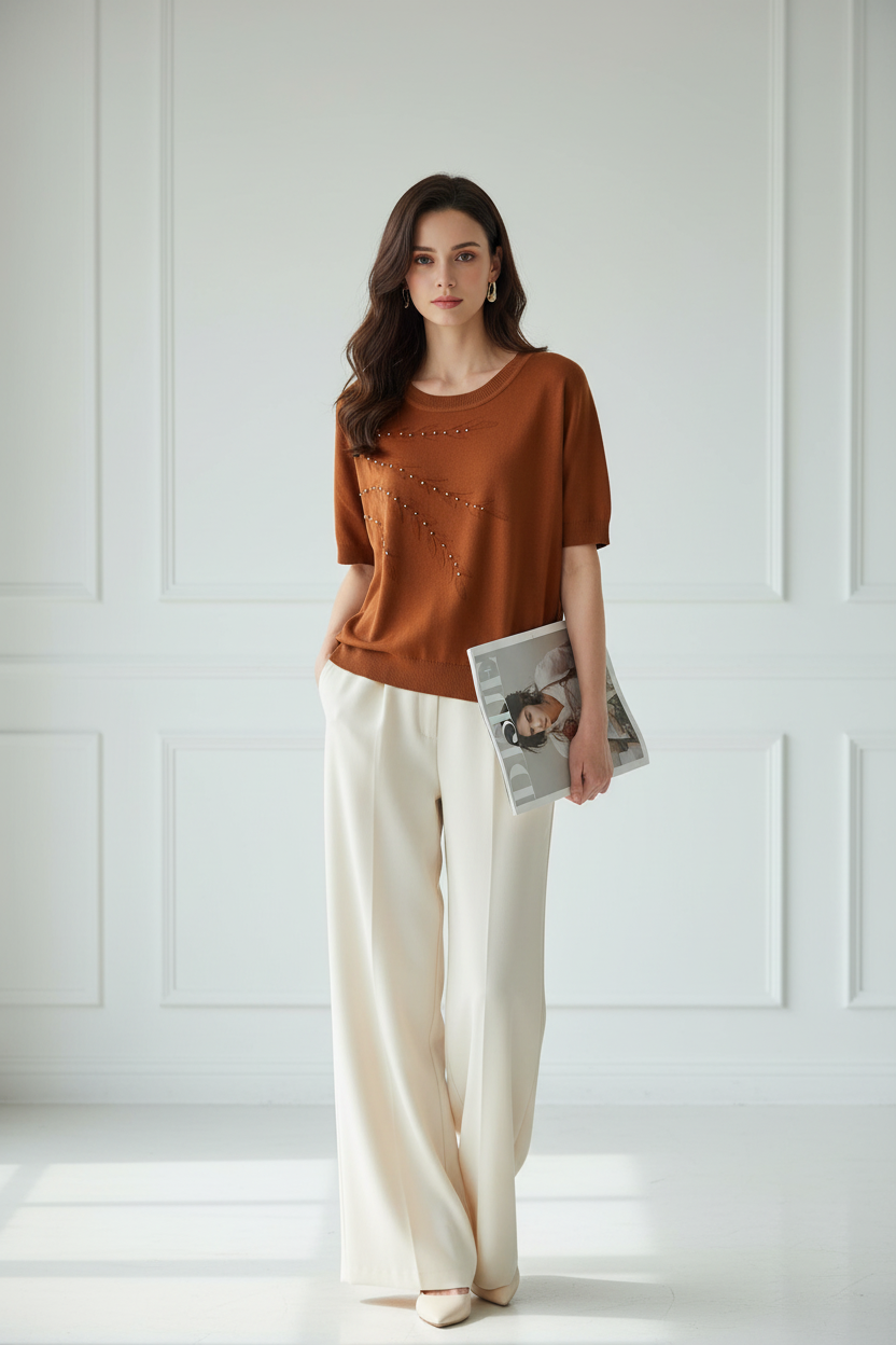 Pearl Bead Embroidered Knit Top - Rust model photo