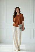 Pearl Bead Embroidered Knit Top - Rust model photo