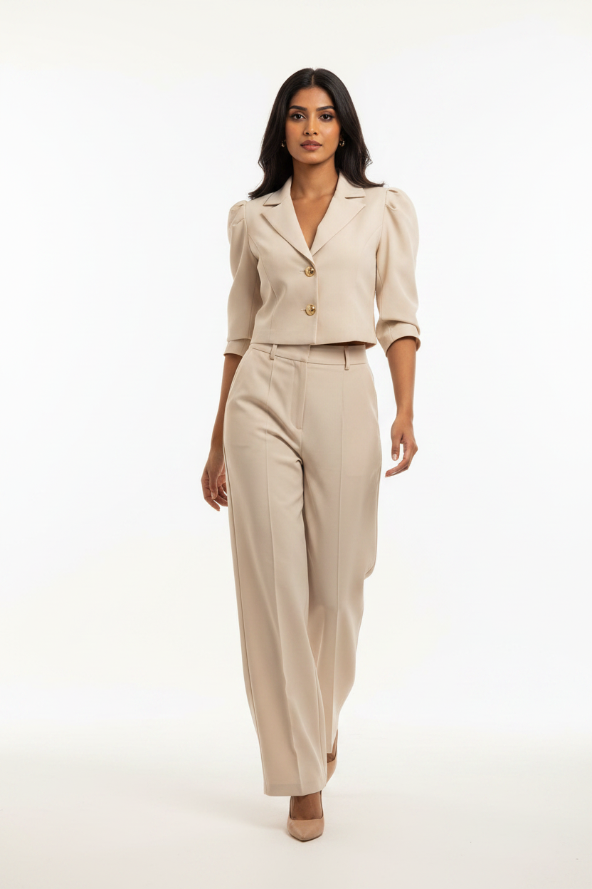 Indian model wearing cream puff sleeve blazer set - walking pose