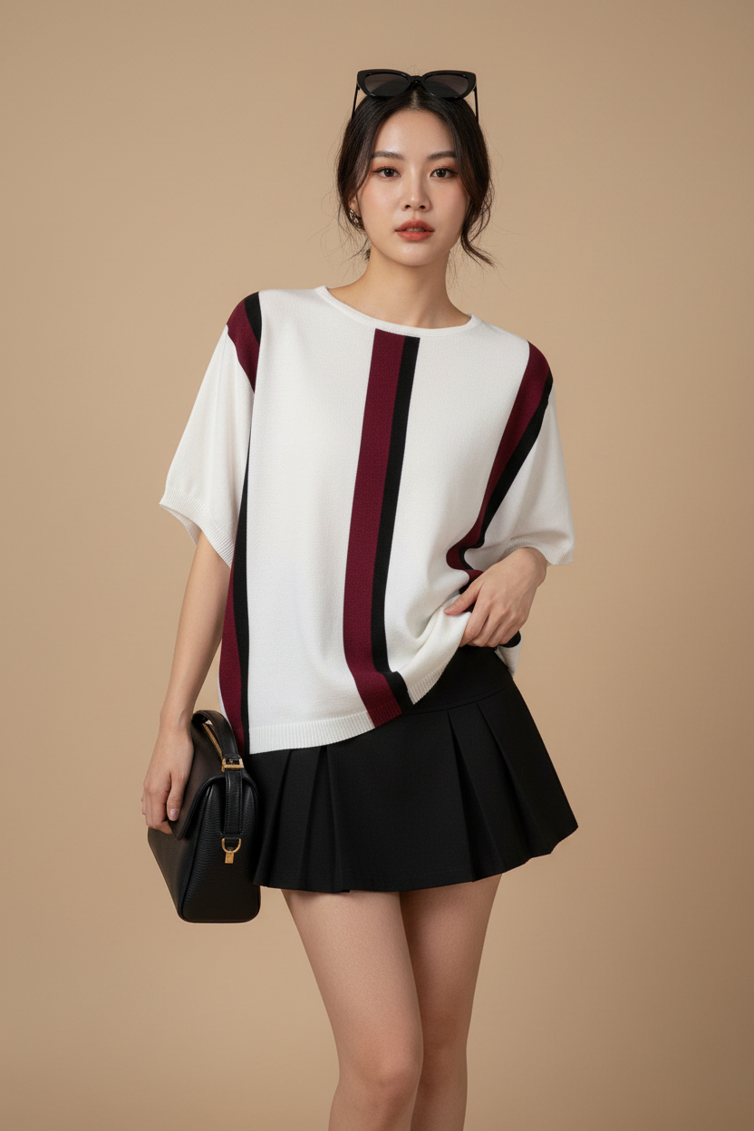 Model wearing Striped Knit Top in Burgundy Black – XL