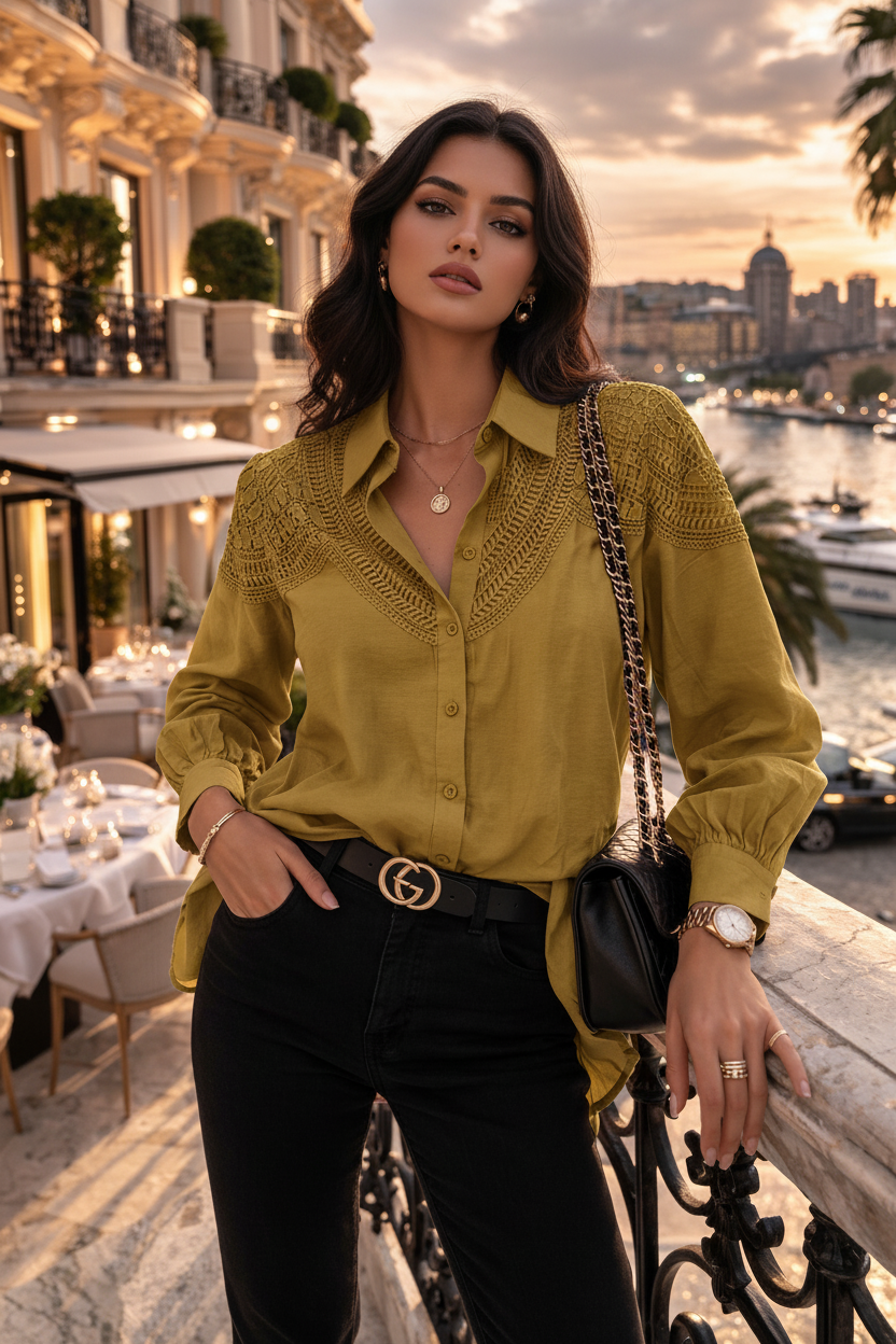 Indian model wearing mustard yellow crochet lace yoke shirt