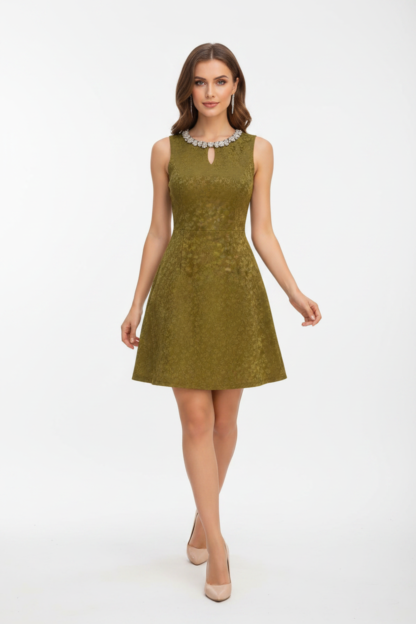 Model wearing olive green rhinestone necklace A-line mini dress