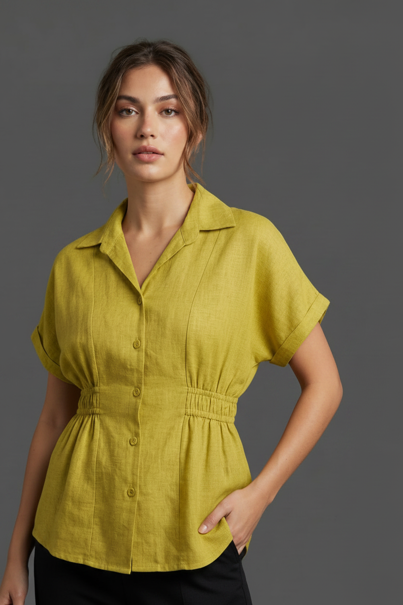 Indian model wearing olive mustard premium linen peplum top