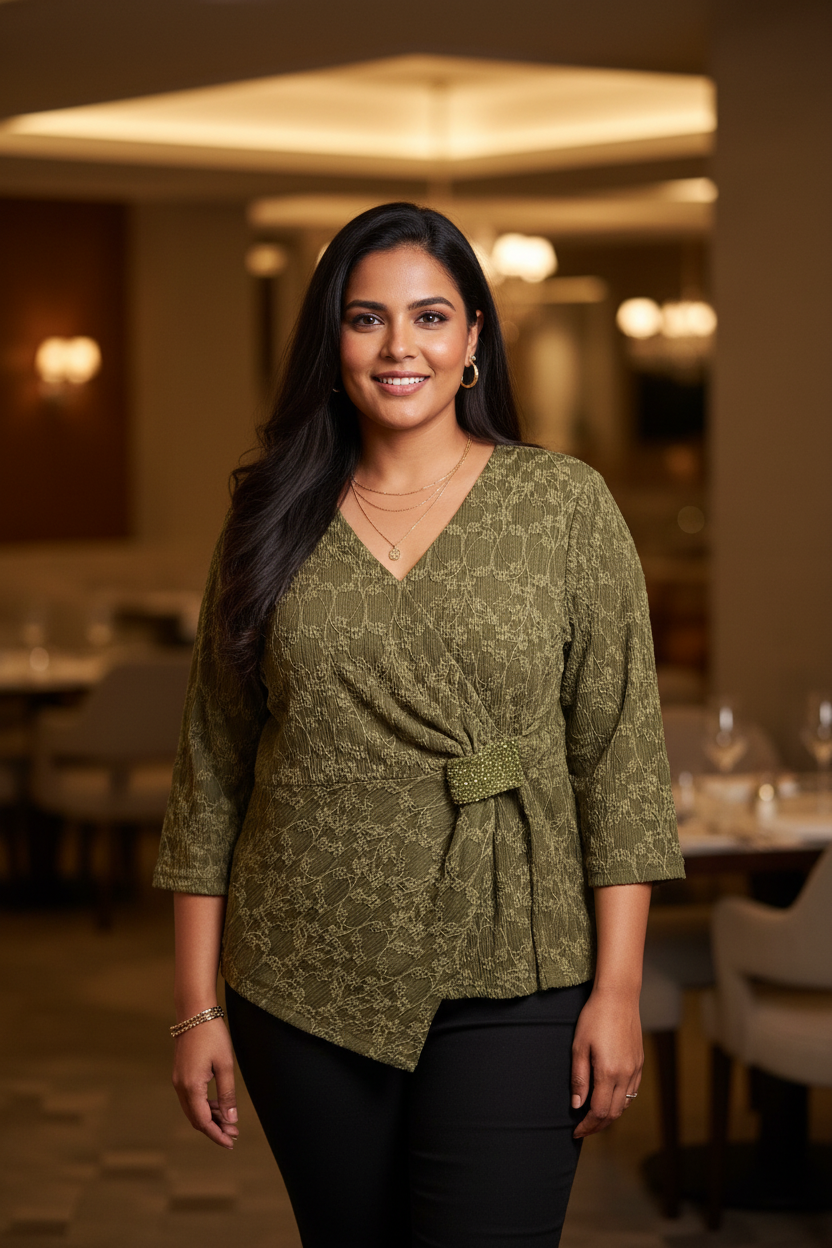 Indian model wearing Textured Lace Wrap Blouse in Olive Green – Size M