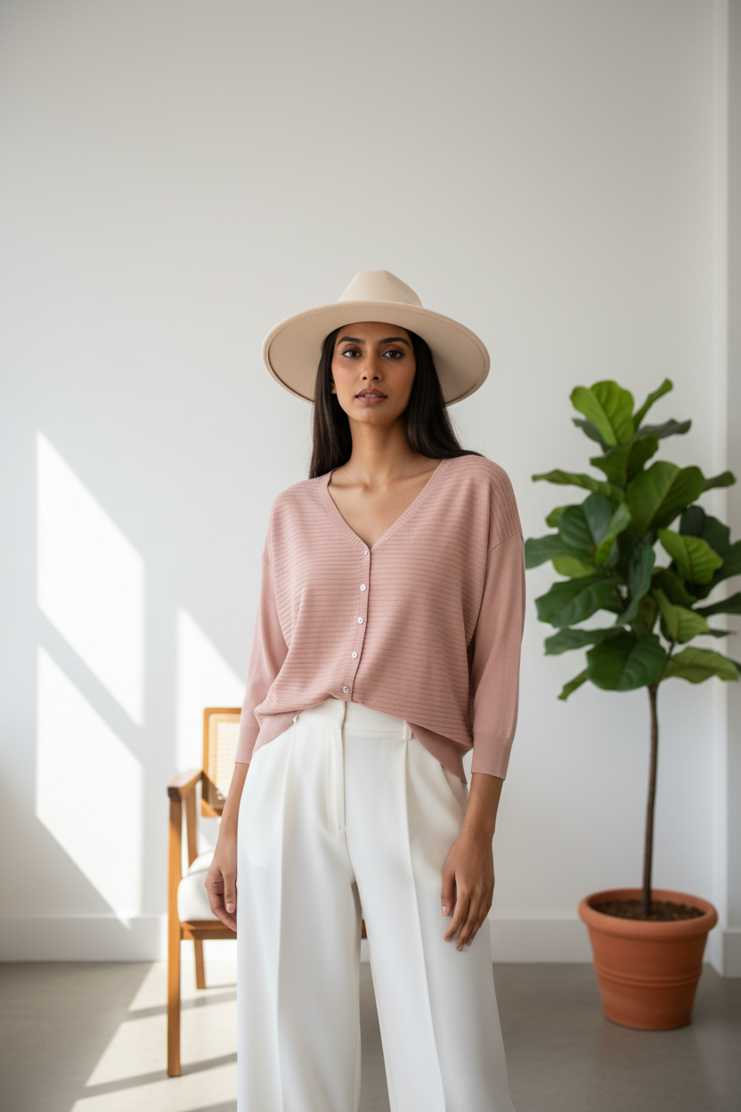 V-Neck Button-Front Ribbed Knit Top - Dusty Pink model