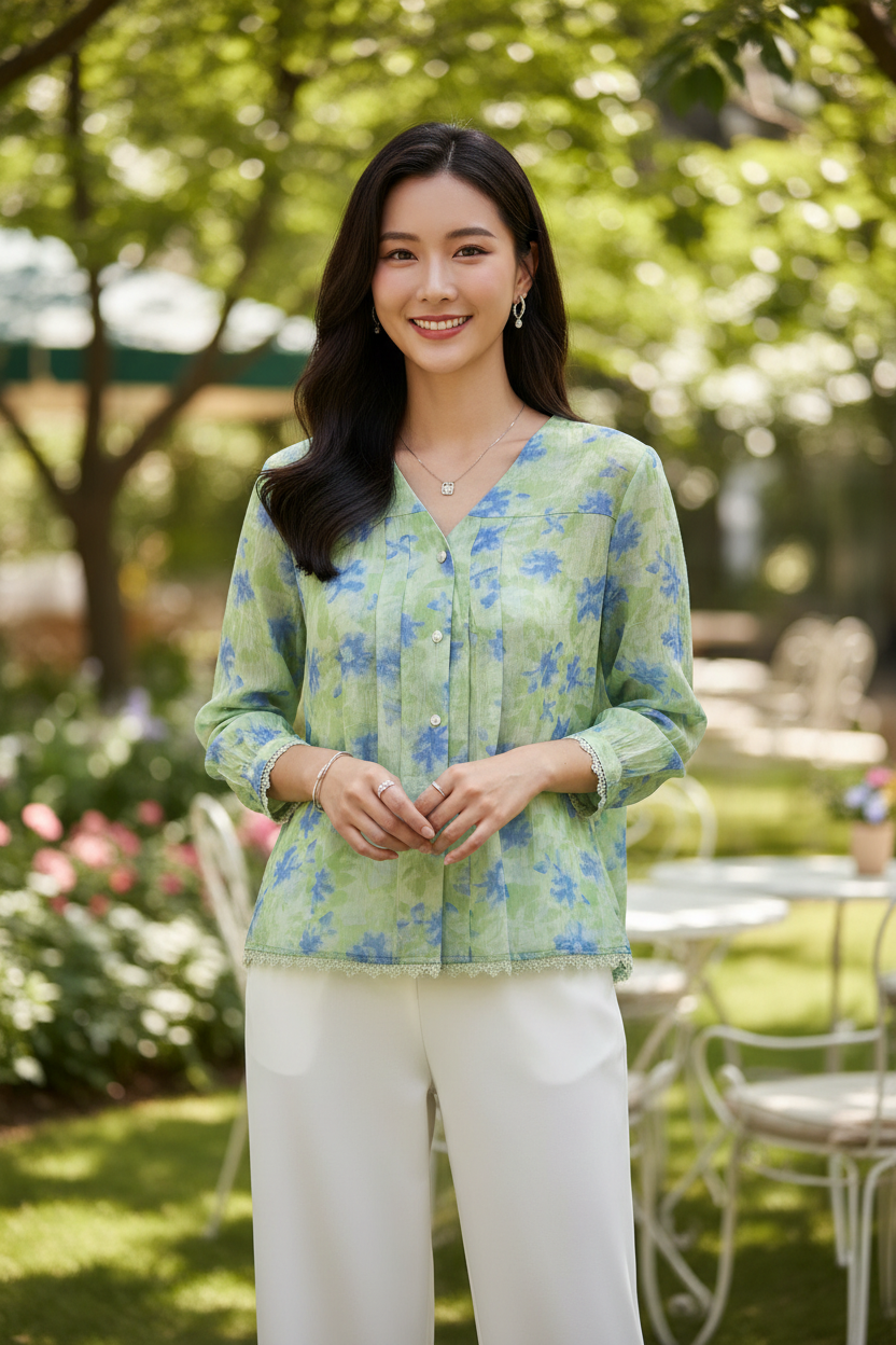 Model wearing Floral Pintuck Blouse in Green Blue – mixed culture