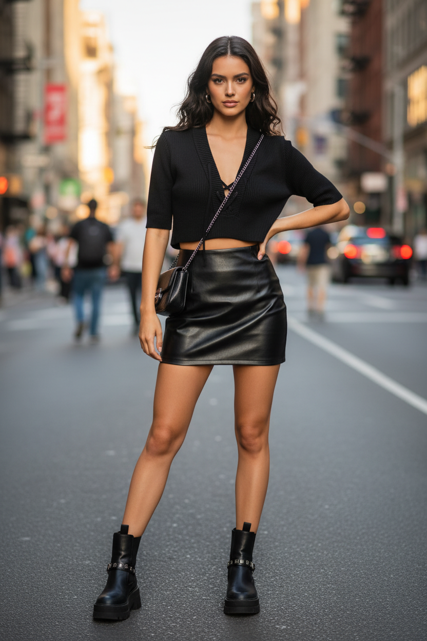 Model wearing Ribbed Lace-Up Crop Top in Black – Size M