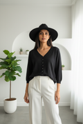 V-Neck Button-Front Ribbed Knit Top - Black model