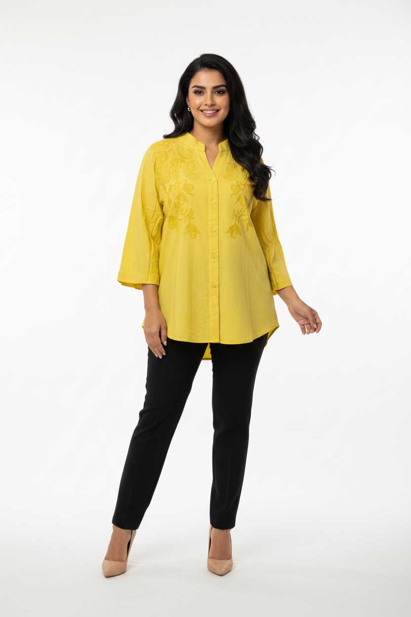 Indian model wearing yellow tonal floral embroidered blouse