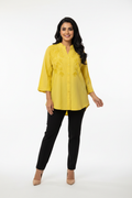 Indian model wearing yellow tonal floral embroidered blouse