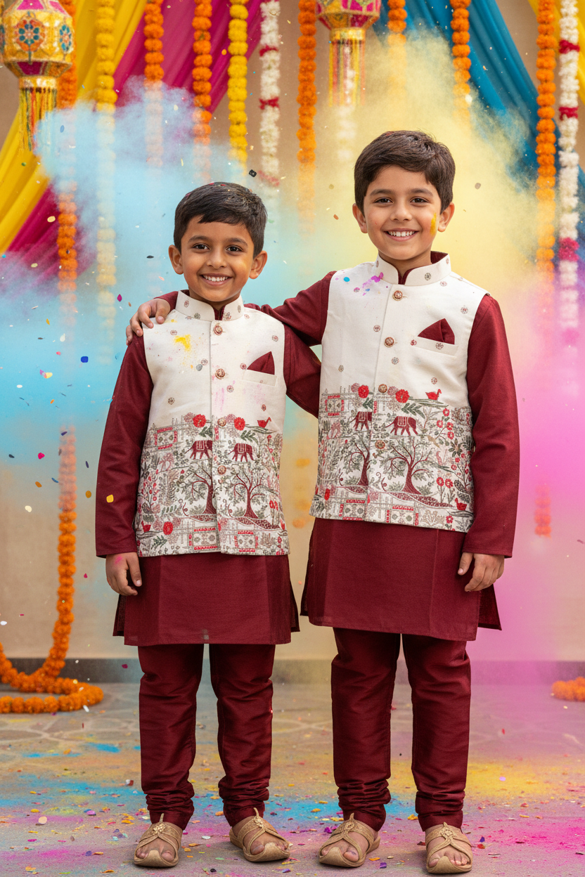 Boys Maroon Kurta Koti Set – Indian and Kiwi boys together Holi festival background