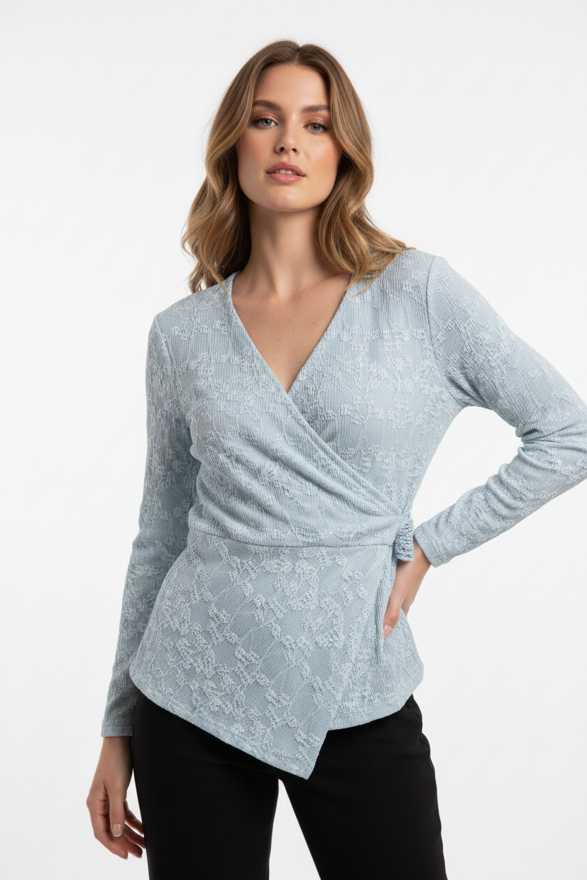 Light Blue Textured Lace Wrap Top - model photo