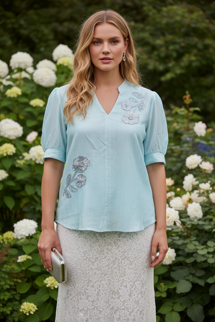 Floral Sequin Puff Sleeve Blouse - Ice Blue on model