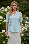 Floral Sequin Puff Sleeve Blouse - Ice Blue on model