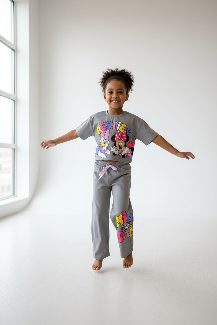 Child model wearing Disney Besties co-ord set in studio