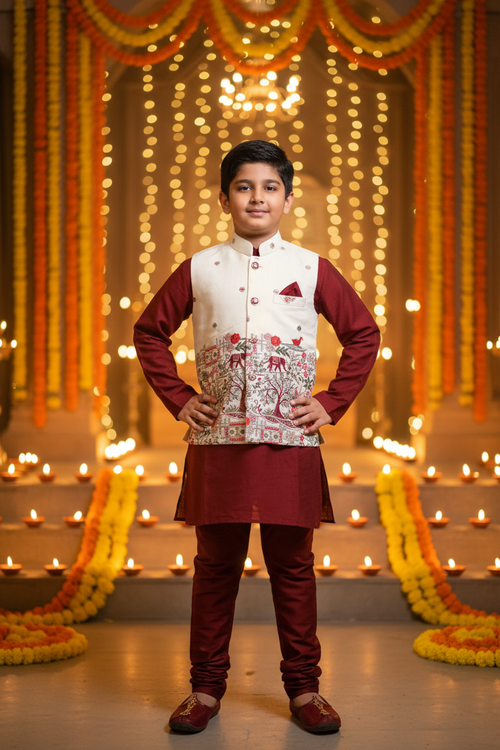 Boys Maroon Kurta Koti Set – Indian boy model Diwali festival background
