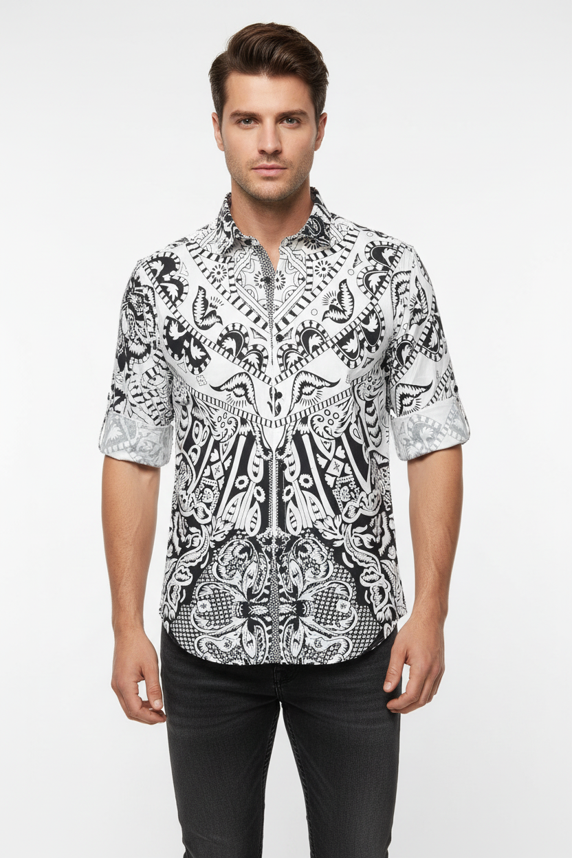 Male model wearing white dominant Giza digital print shirt untucked with jeans