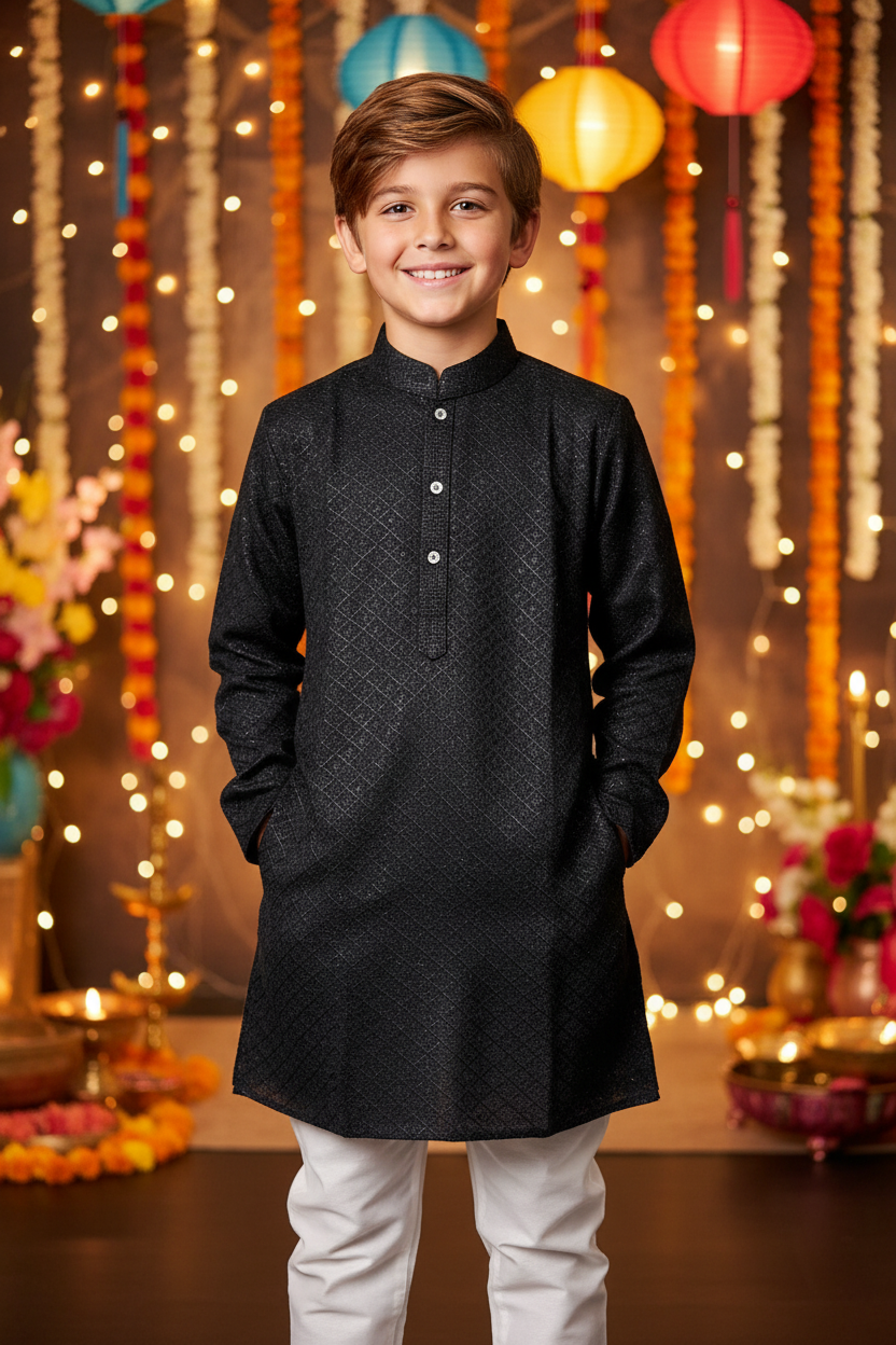 Boys Charcoal Kurta Pyjama – Kiwi boy model festive background
