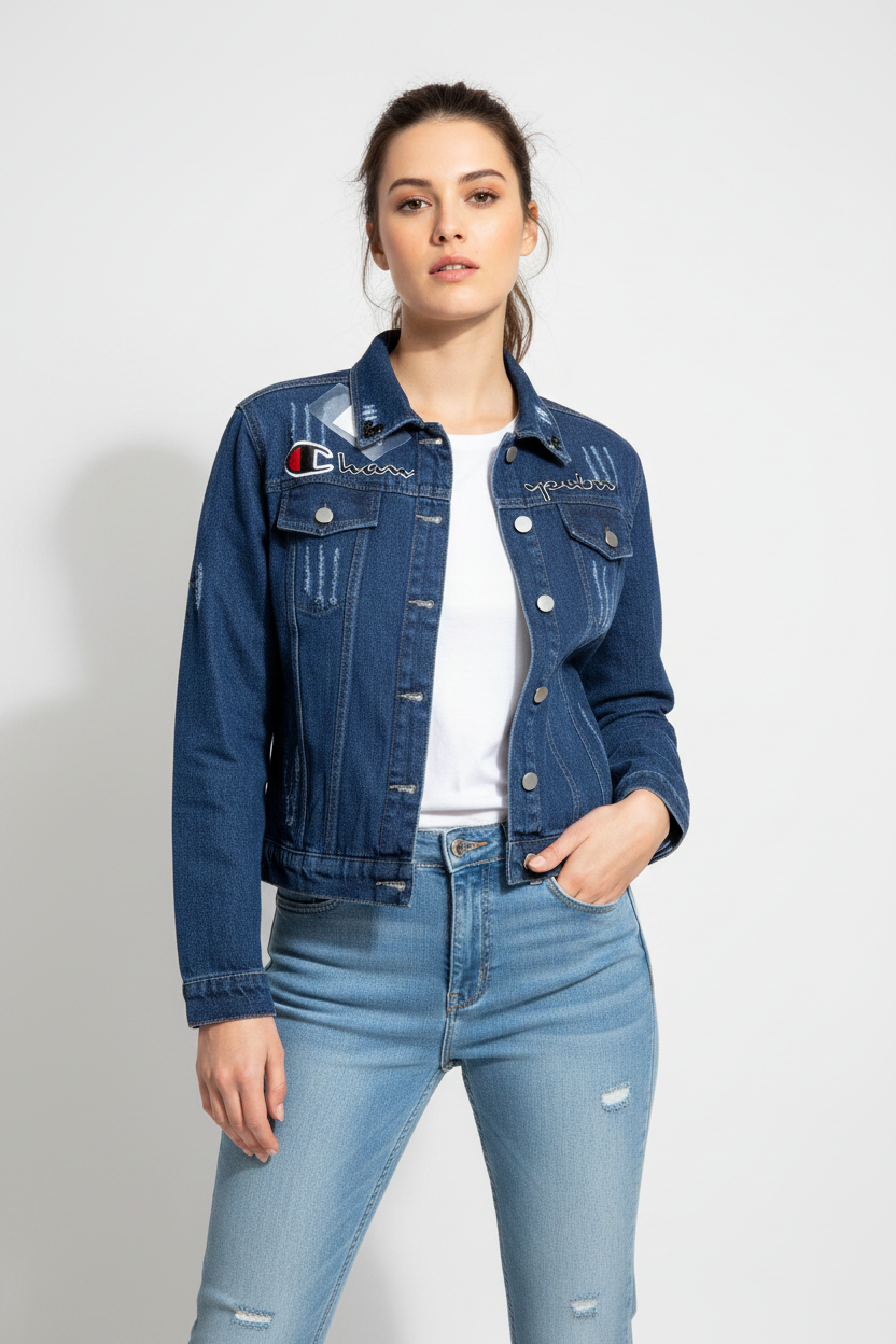 Women's Distressed Denim Jacket - Model Photo 2