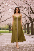 Gold Lace Trim Midi Dress - Olive Green model cherry blossom