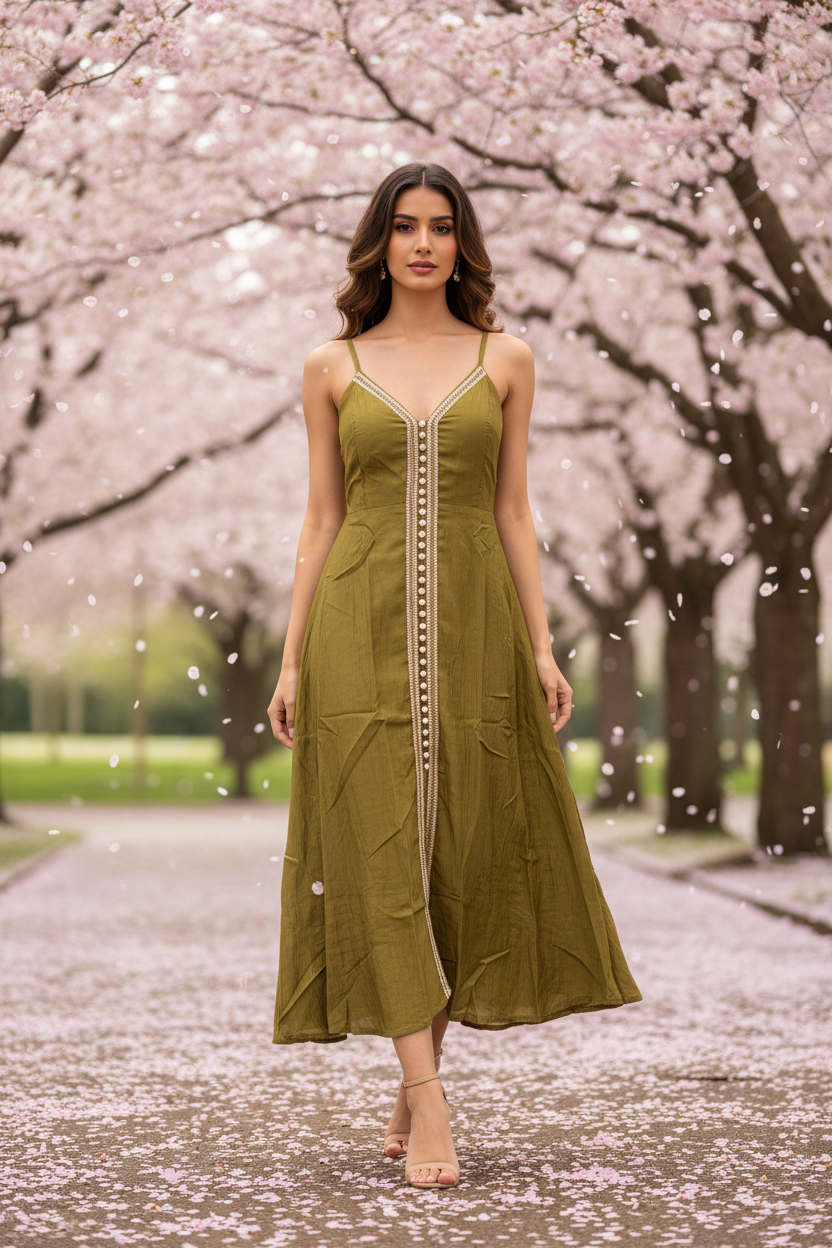 Gold Lace Trim Midi Dress - Olive Green model cherry blossom