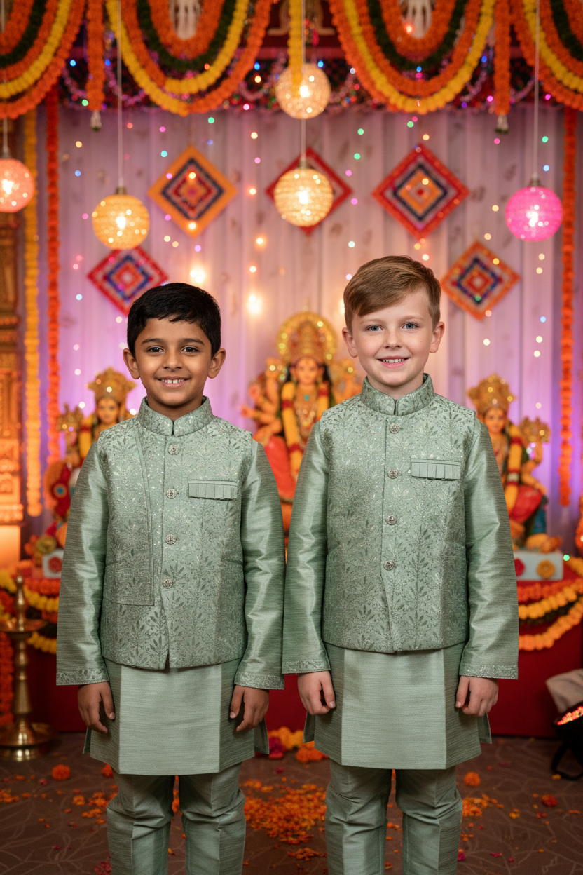 Boys Sage Green Kurta Koti Set – Indian and Kiwi boys together Navratri festival background