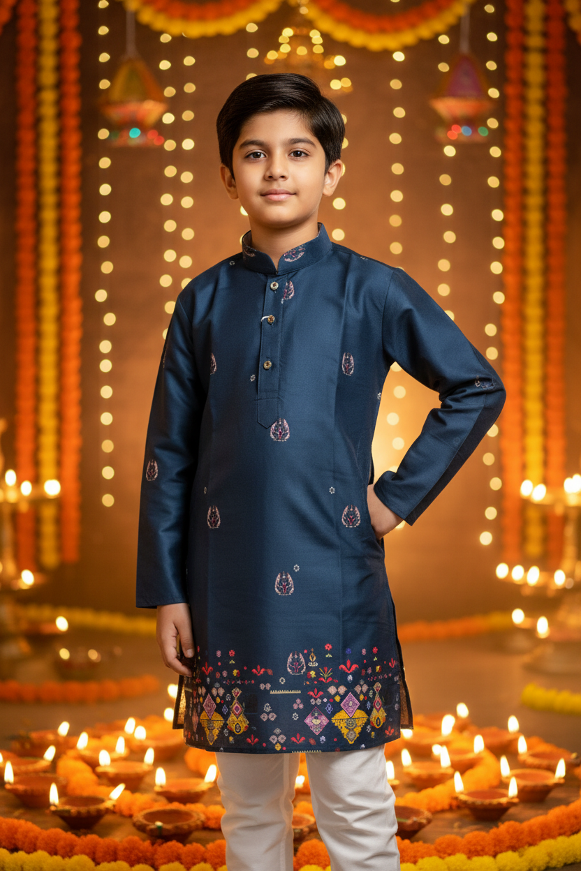Boys Kurta Pyjama – Indian boy model Diwali festival background