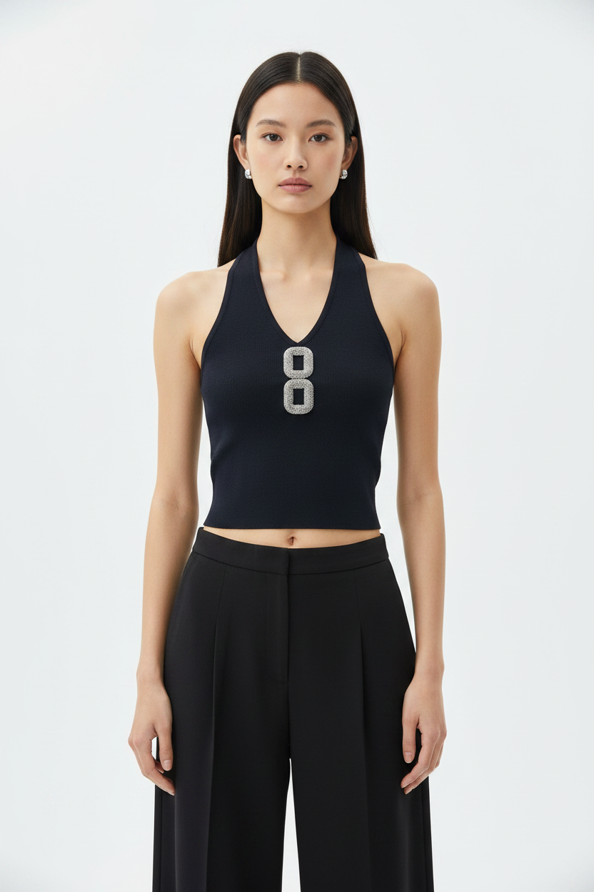 Model wearing Black Rhinestone Halter Top – front view
