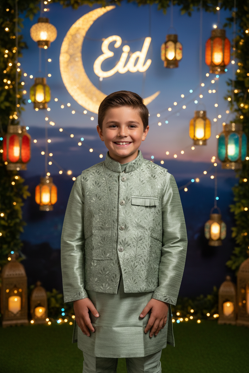Boys Sage Green Kurta Koti Set – Kiwi boy model Eid festival background