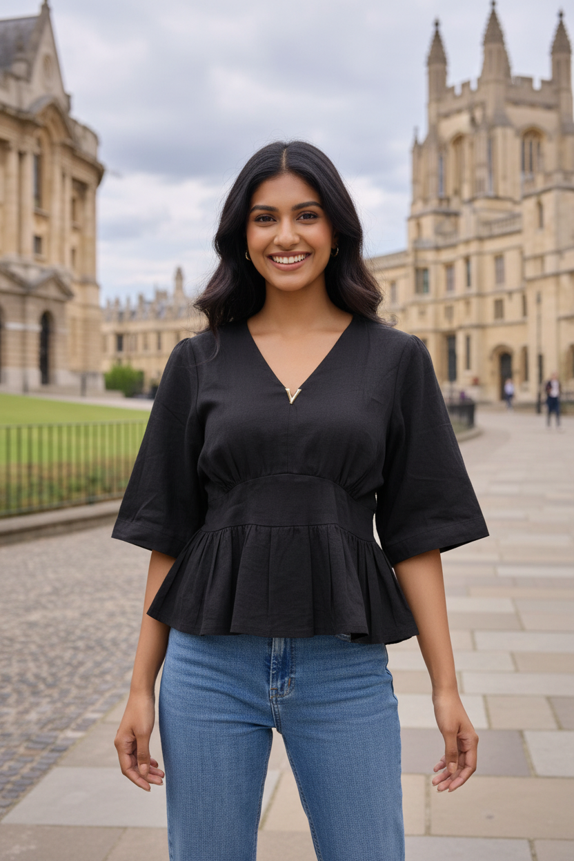 Indian model wearing black peplum batwing top